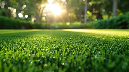Naklejka premium Lush green artificial grass glistening in sunlight with blurred garden background
