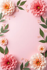 Creative floral concept: spring blooming plants and petals on pastel pink background with paper pompoms. Presentation mockup. Top view, flat lay.