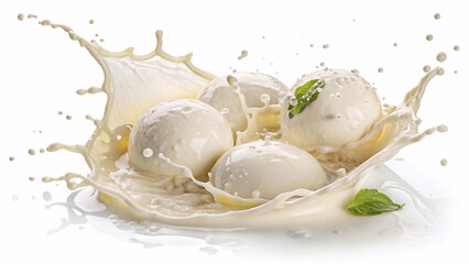 Cheese splash around soft Italian mozzarella balls in dairy explosion