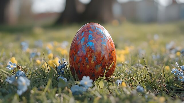 A close-up of a vibrant Easter egg surrounded by green grass and flowers, with plenty of space above for text.