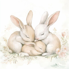 Obraz premium Soft watercolor illustration of three cuddling rabbits peacefully sleeping among delicate pastel flowers and green foliage, creating a warm and cozy spring scene.