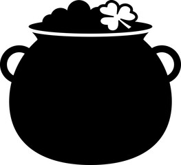 Obraz premium St. Patrick's Day Cauldron silhouette. cauldron decorated with clover black silhouette. St. Patrick's Day Cauldron With Coins Isolated. Transparent background.