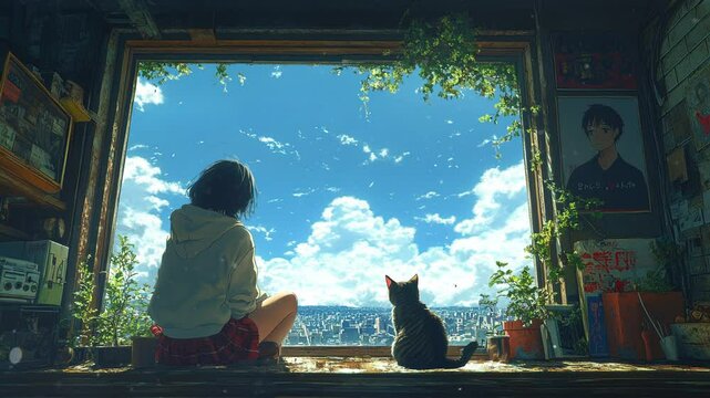 Girl Watching Clouds with Cat. Cozy Loop Animation.  