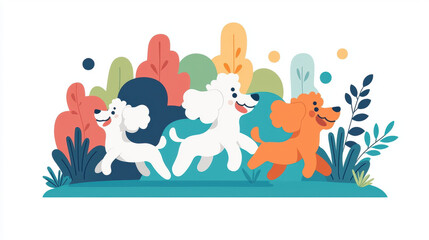 Poodle illustration, A vibrant illustration of poodles joyfully running in a park, ideal for pet and outdoor-themed projects.