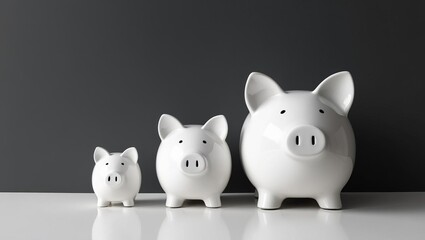 Three white piggy banks of varying sizes are lined up against a dark background, symbolizing savings and financial growth.