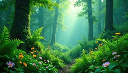Fototapeta premium Lush forest foliage with ferns and wildflowers, ferns, mist, forest