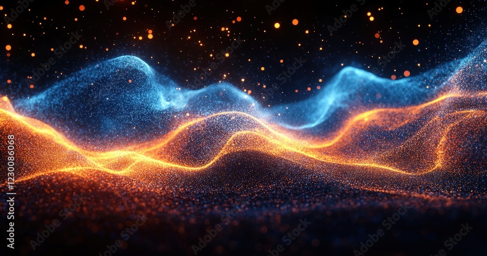 Poster abstract digital waves of blue and orange particles glowing against a dark background creating a dyn