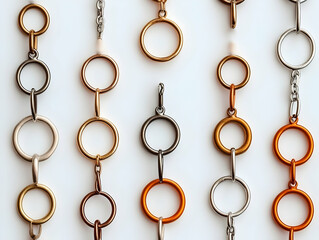 Metallic rings, chain pattern, white background, jewelry design