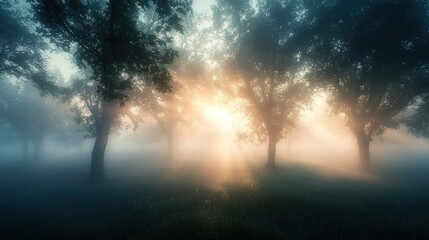 Naklejka premium Sunbeams pierce a misty forest illuminating trees and grass