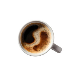 A top-down view of a white coffee mug filled with dark coffee and a thick layer of foam. The mug is isolated against a black background.