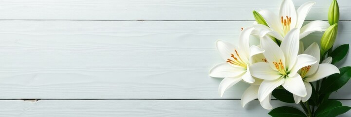 Lush white lilies on a minimalist wooden surface, white flowers, simple
