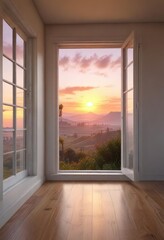 Fototapeta premium Soft morning light pours into the room through a window with a serene sunset view background, sunset, serene