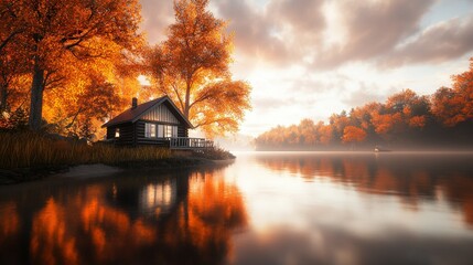 Fototapeta premium Autumn Escape at Lakeside Cabin, serene waters, vibrant foliage, inviting retreat, perfect for outdoor adventures and relaxation
