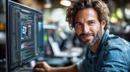 Fototapeta premium Young Man Working on Computer in Modern Office Environment