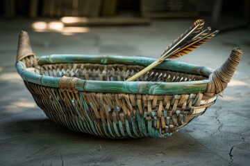 Fototapeta premium Weathered wicker basket with a teal accent color holding a decorative arrow is resting on a cement floor