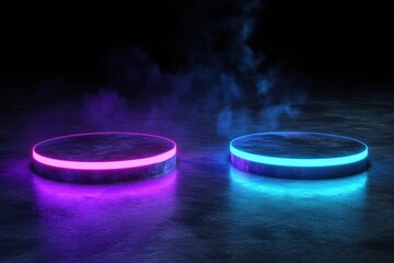 A striking neon composition of luminous blue and purple shapes on a polished concrete surface against a dark background, ideal for futuristic and sci-fi projects with space for personalization