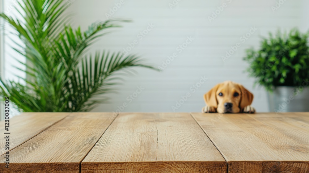 Poster empty wooden table with puppy lounging in background