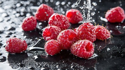 Fresh raspberries with splashes of water lie on a black table