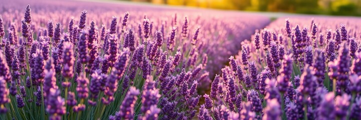 Fototapeta premium Soothing purple lavender fields bathed in warm sunlight as the day comes to a close, purple blooms, floral field, peaceful landscape