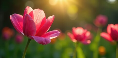 Obraz premium Rosa tulipana en un jard?n con l?mpara de sol, fresco,