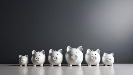 A row of white piggy banks in varying sizes, symbolizing saving, finance, and growth against a simple, dark background.