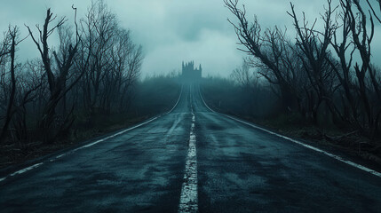 Dark Winding Highway Passing Through Haunted Forest Under Ominous Clouds at Dusk