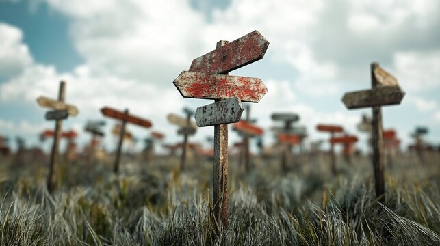 Career Pathfinder, Individual contemplating various pathways in a vibrant field of directional signs, symbolizing limitless professional opportunities.