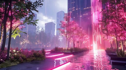 Futuristic urban landscape featuring vibrant pink trees and glowing pathways under a cloudy sky