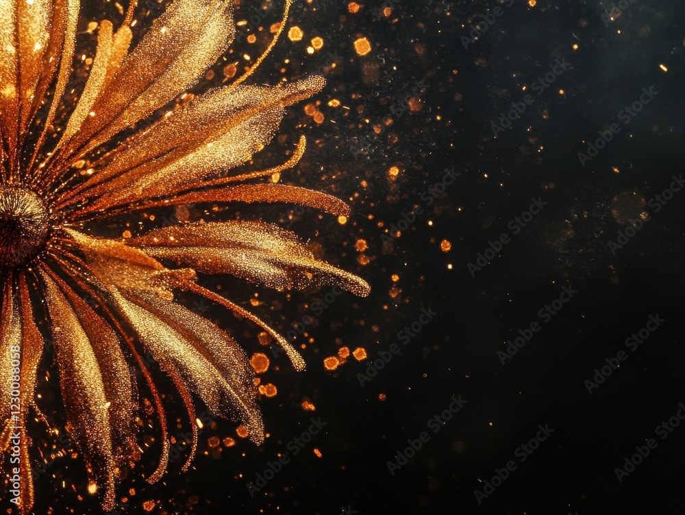Poster beautiful golden flower with sparkling particles and a dark background creating a stunning magical a