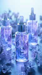 Obraz premium Transparent serum bottles with floral elements create serene atmosphere