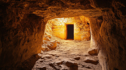 Mysterious Ancient Tomb Entrance with Golden Glow