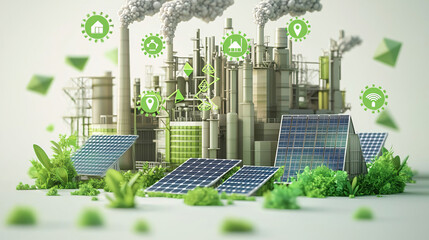 Naklejka premium A steel factory illustration with green technology, featuring clean energy symbols replacing smoke, surrounded by greenery and solar panels, all in soft pastel colors and geometric shapes. 