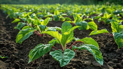 Lush green chard plants growing in fertile soil under soft sunlight in a vibrant farm setting
