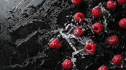 Fresh raspberries with water droplets on a black background. Perfect for advertising banners, food packaging, and culinary design. High-quality macro photography with copy space for text