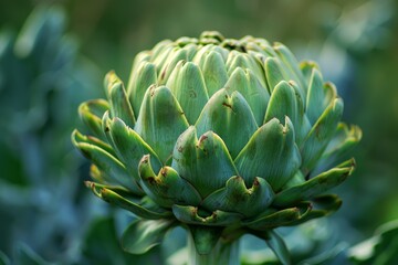 Fototapeta premium Large green artichoke growing on a plant with a blurred green background