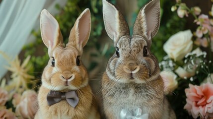 Obraz premium Wedding couple of elegant rabbits with bow tie on their wedding day. Honeymoon