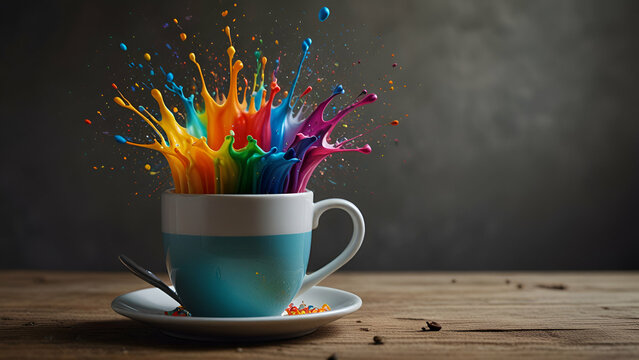 Rainbow explosion in a coffee cup, vibrant splash of color in your morning brew.
