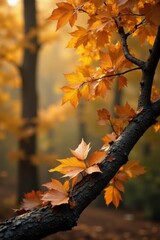 Twisted branches covered in golden brown leaves, autumn, leafy, deciduous