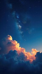 Obraz premium Shimmering starry night sky above a wispy white cloud with delicate golden rays, stars, ethereal atmosphere