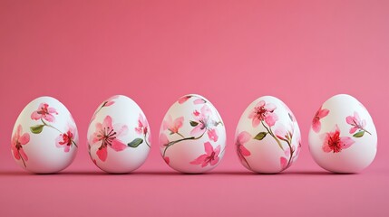 Beautifully Decorated Eggs with Floral Designs on Pink Background