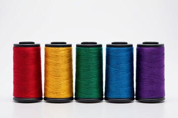 a close up of a row of spools of thread on a white surface