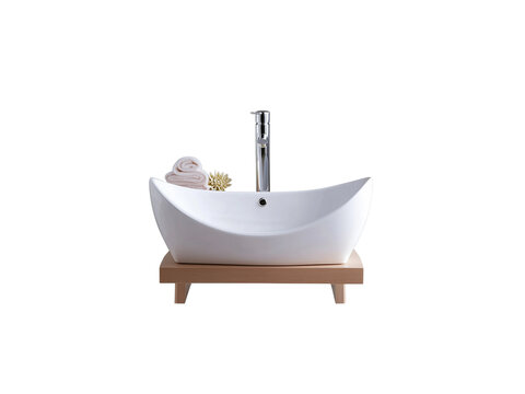 Modern freestanding bathtub with towels and flower, Isolated on white background