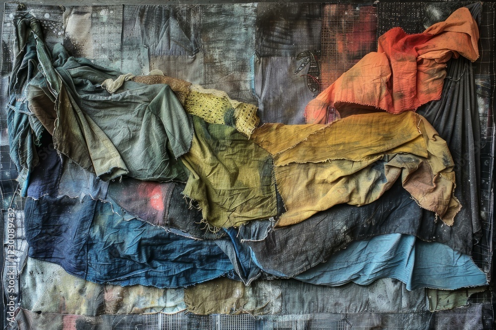 Aufkleber abstract textile art using sewing and mixed media to create a visually interesting piece with many t