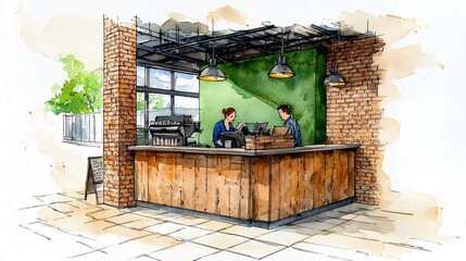 Rustic Coffee Shop Watercolor Illustration: Inviting Interior Design with Wooden Counter and Exposed Brick Walls