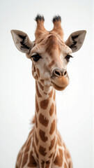 Obraz premium Close-Up Elegant Giraffe Studio Portrait on a Pure White Background - Generative AI