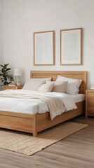 Cozy bedroom featuring a wooden bed and minimalistic decor.