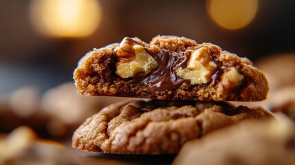 Delicious gooey chocolate and walnut cookies with melted center