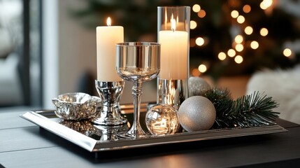 Elegant holiday table setting with candles and silver decor on metallic tray