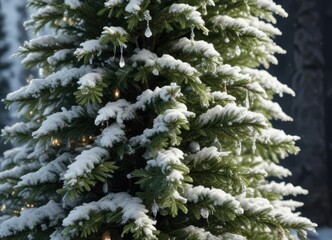 Pine Christmas Tree with Faux Snow and Icicles, icicle decoration, winter wonderland scene