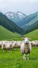 sheep stands in lush green meadow surrounded by flock, with mountains in background